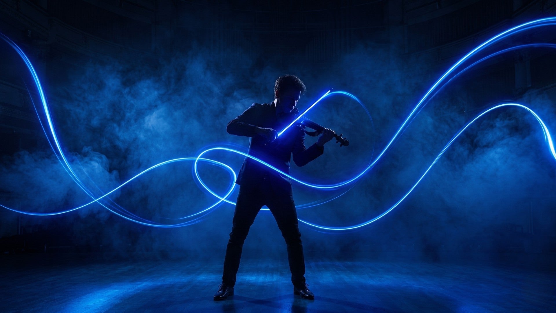 Person playing a violin with blue light effects in a dark setting