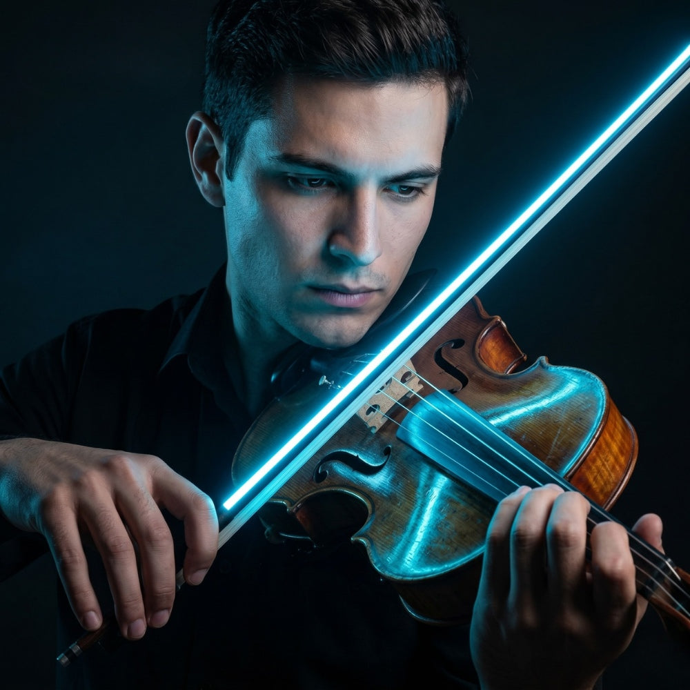 Men playing a violin with blue light effects in a dark setting