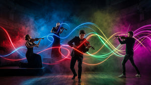 Four musicians playing string with Bow instruments with colorful light effects in a dark setting