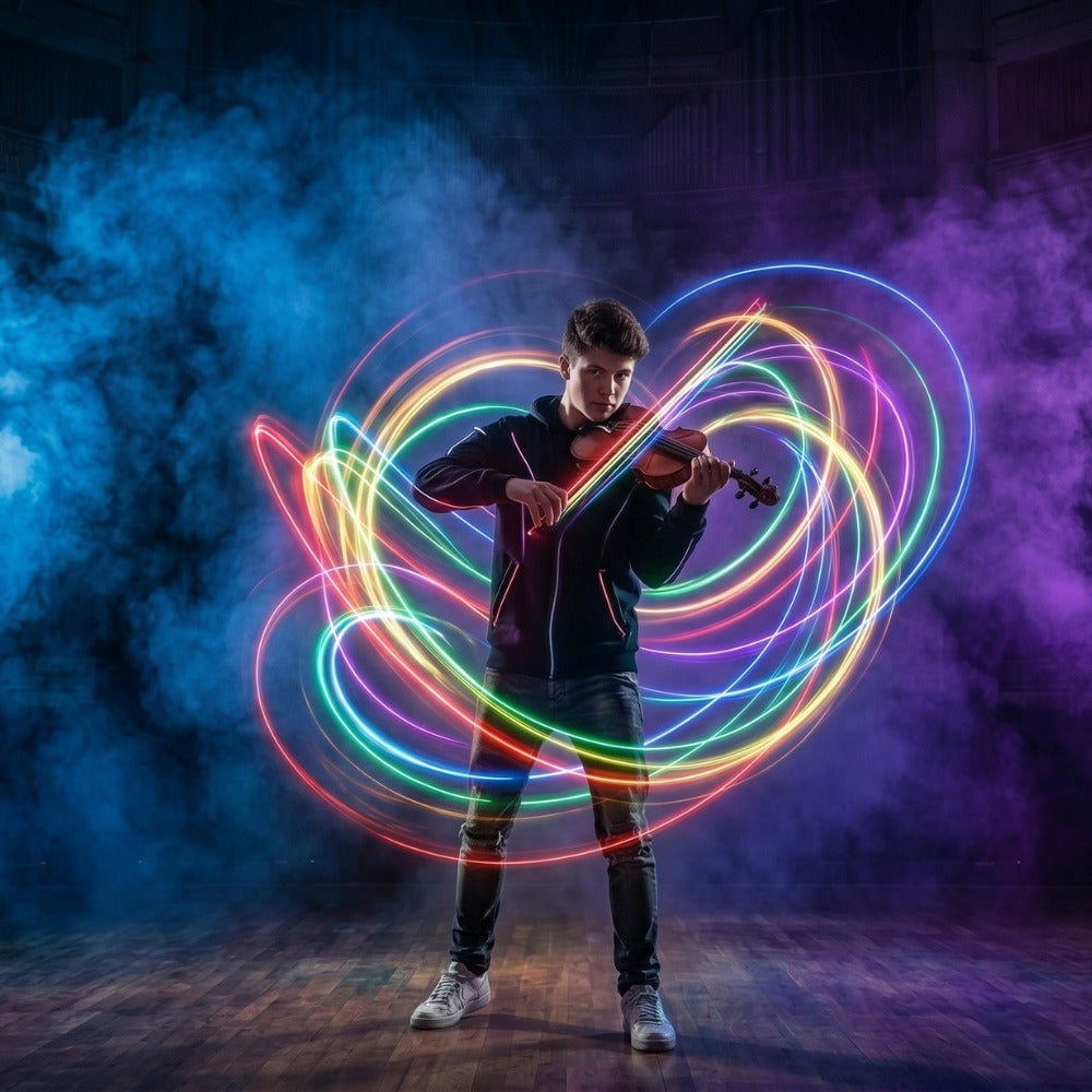 Person playing violin with colorful light effects in a dark room