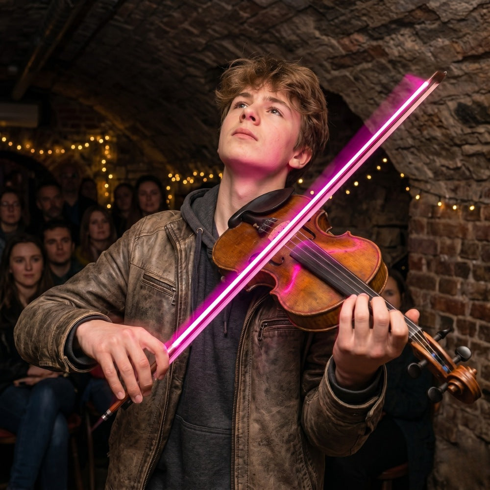 Young Boy playing a violin with Pink light effects in a group of people behind. 